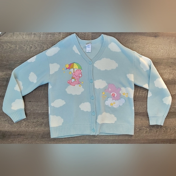 Care Bears by Hot Topic Cozy Grandpa Cardigan Womens L Sky Blue Clouds Whimsical - Picture 5 of 14